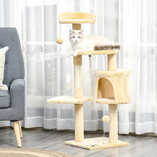 PawHut Árbol para Gatos Rascador Grande con Plataformas Casetas Bolas de Juego 114cm Cubierto de Felpa Beige