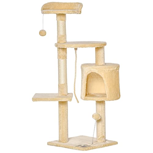 PawHut Árbol para Gatos Rascador Grande con Plataformas Casetas Bolas de Juego 114cm Cubierto de Felpa Beige