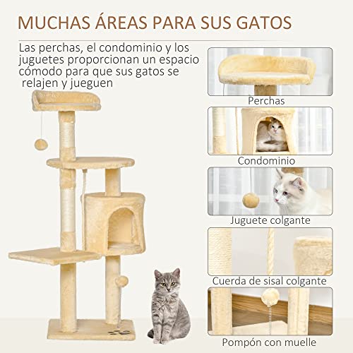 PawHut Árbol para Gatos Rascador Grande con Plataformas Casetas Bolas de Juego 114cm Cubierto de Felpa Beige