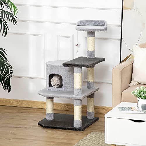 PawHut Árbol para Gatos Rascador Grande con Plataformas Casetas Ratón de Juego 100cm Tablero de partículas Cubierto de Felpa Beige