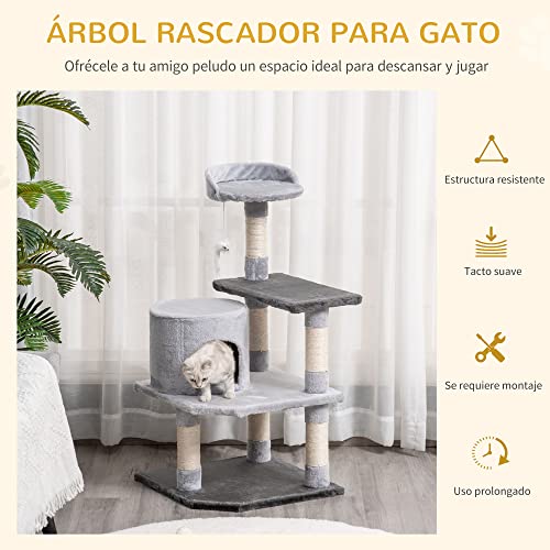 PawHut Árbol para Gatos Rascador Grande con Plataformas Casetas Ratón de Juego 100cm Tablero de partículas Cubierto de Felpa Beige