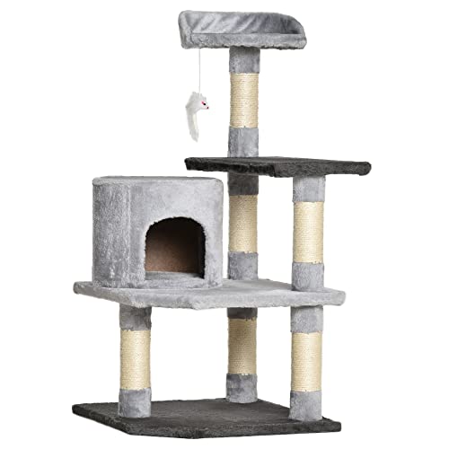 PawHut Árbol para Gatos Rascador Grande con Plataformas Casetas Ratón de Juego 100cm Tablero de partículas Cubierto de Felpa Beige