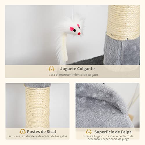 PawHut Árbol para Gatos Rascador Grande con Plataformas Casetas Ratón de Juego 100cm Tablero de partículas Cubierto de Felpa Beige