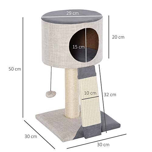 Pawhut Árbol para Gatos Torre de Gatos con Bola Colgante Cueva Compacta Poste Rascador Tablero de Rascado Plataforma Inferior Suave 30x30x50 cm Gris