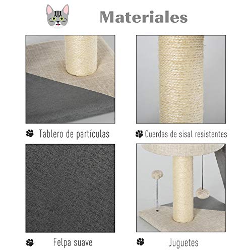 Pawhut Árbol para Gatos Torre de Gatos con Bola Colgante Cueva Compacta Poste Rascador Tablero de Rascado Plataforma Inferior Suave 30x30x50 cm Gris