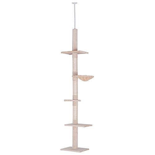 PawHut Árbol para gatos Torre Rascador de Gato de 5 Niveles Fijado al Techo Ajustable en Altura con Múltiples Plataformas Cubierta de Felpa Suave 40x34x230-260 cm Beige