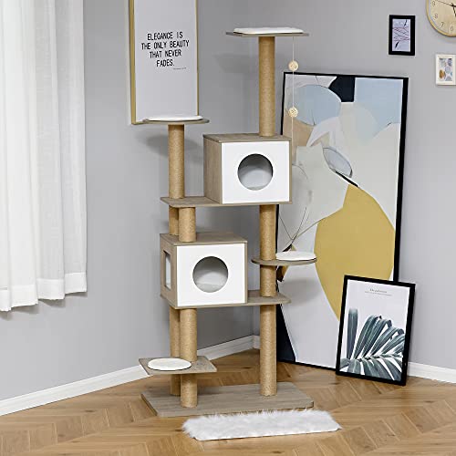 Pawhut Árbol Rascador Árbol para Escalar para Gatos Altura 177cm con Plataformas Cuevas Juguete Colgante Cojín Extraíble Postes de Yute Blanco y Marrón