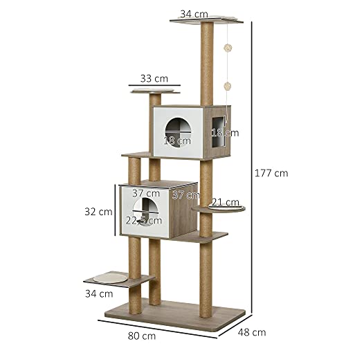 Pawhut Árbol Rascador Árbol para Escalar para Gatos Altura 177cm con Plataformas Cuevas Juguete Colgante Cojín Extraíble Postes de Yute Blanco y Marrón