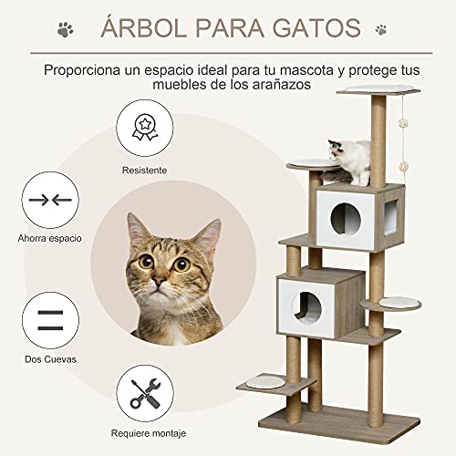 Pawhut Árbol Rascador Árbol para Escalar para Gatos Altura 177cm con Plataformas Cuevas Juguete Colgante Cojín Extraíble Postes de Yute Blanco y Marrón