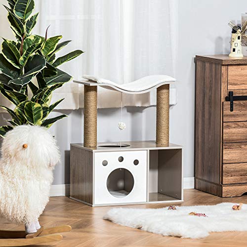 PawHut Árbol Rascador para Gatos Altura 74 cm Escalador con Plataformas Caseta Poste de Rascado Bolas y Caja de Almacenaje Color Madera Natural Blanco