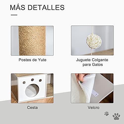 PawHut Árbol Rascador para Gatos Altura 74 cm Escalador con Plataformas Caseta Poste de Rascado Bolas y Caja de Almacenaje Color Madera Natural Blanco