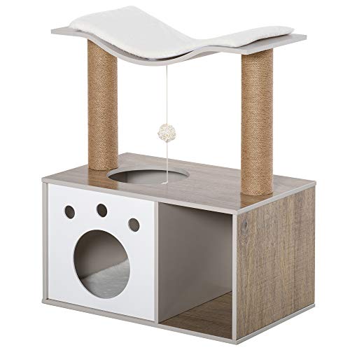 PawHut Árbol Rascador para Gatos Altura 74 cm Escalador con Plataformas Caseta Poste de Rascado Bolas y Caja de Almacenaje Color Madera Natural Blanco