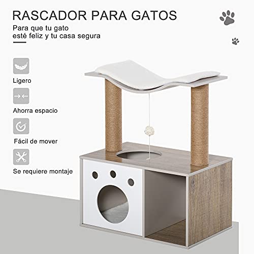 PawHut Árbol Rascador para Gatos Altura 74 cm Escalador con Plataformas Caseta Poste de Rascado Bolas y Caja de Almacenaje Color Madera Natural Blanco