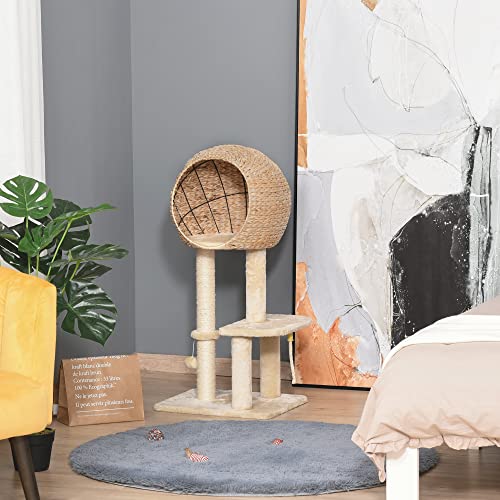 PawHut Árbol Rascador para Gatos Torre de Escalada con Plataformas Caseta Bola y Cuerda de Juego Poste de Sisal 48x40x100 cm Beige