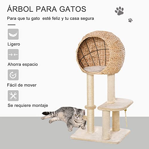 PawHut Árbol Rascador para Gatos Torre de Escalada con Plataformas Caseta Bola y Cuerda de Juego Poste de Sisal 48x40x100 cm Beige