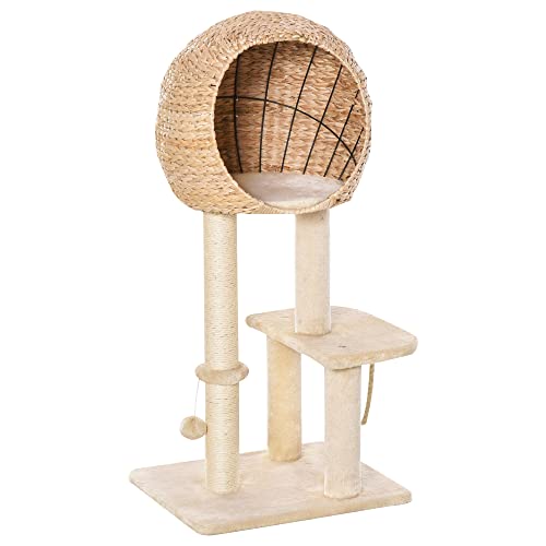 PawHut Árbol Rascador para Gatos Torre de Escalada con Plataformas Caseta Bola y Cuerda de Juego Poste de Sisal 48x40x100 cm Beige