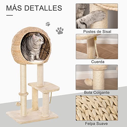 PawHut Árbol Rascador para Gatos Torre de Escalada con Plataformas Caseta Bola y Cuerda de Juego Poste de Sisal 48x40x100 cm Beige