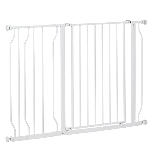 PawHut Barrera de Seguridad de Perros Extensible para Escaleras y Puertas 75-115 cm con 2 Extensiones de 10/20 cm Montaje a Presión Acero Altura 76 cm Blanco