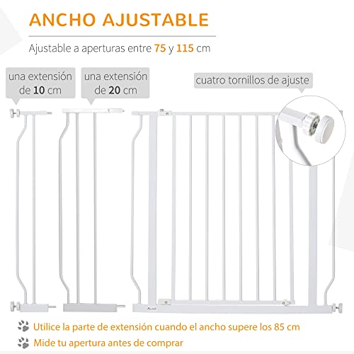 PawHut Barrera de Seguridad de Perros Extensible para Escaleras y Puertas 75-115 cm con 2 Extensiones de 10/20 cm Montaje a Presión Acero Altura 76 cm Blanco