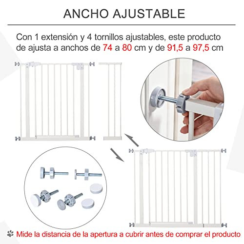 Pawhut Barrera de Seguridad Metálica para Puertas y Escaleras Mascotas Perros con Extensiones de 17,5 cm Sistema de Cierre Automático 74-97,5x76,2 cm Blanco