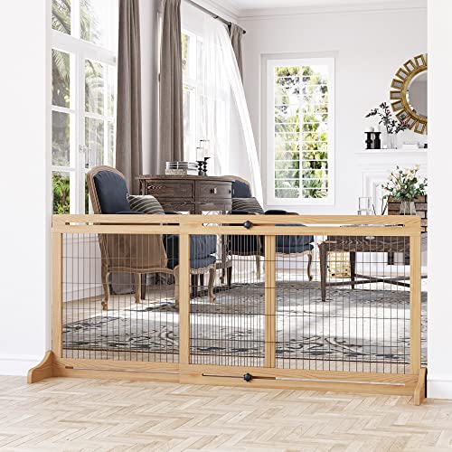 PawHut Barrera de Seguridad para Perrros de Madera Extensible con Pies de Soporte Valla Protección Mascotas Cachorros para Puerta Escalera Pasillo 104-183x36x69 cm Natural