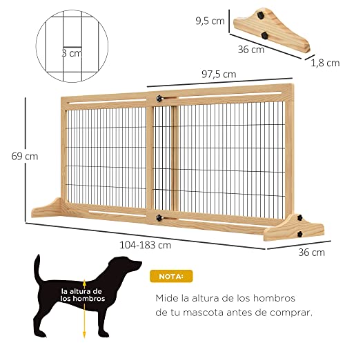 PawHut Barrera de Seguridad para Perrros de Madera Extensible con Pies de Soporte Valla Protección Mascotas Cachorros para Puerta Escalera Pasillo 104-183x36x69 cm Natural