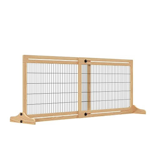 PawHut Barrera de Seguridad para Perrros de Madera Extensible con Pies de Soporte Valla Protección Mascotas Cachorros para Puerta Escalera Pasillo 104-183x36x69 cm Natural