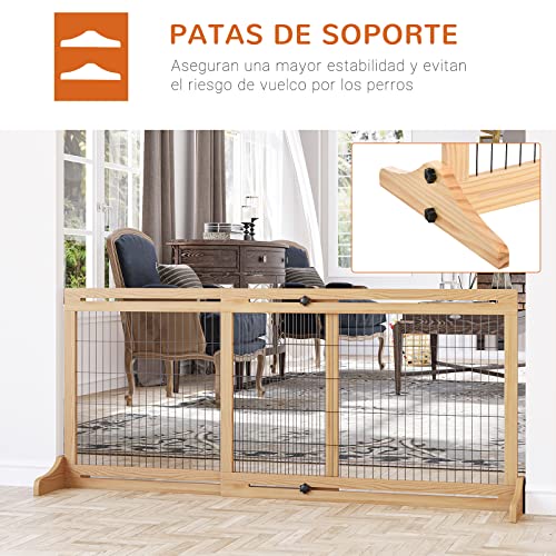 PawHut Barrera de Seguridad para Perrros de Madera Extensible con Pies de Soporte Valla Protección Mascotas Cachorros para Puerta Escalera Pasillo 104-183x36x69 cm Natural