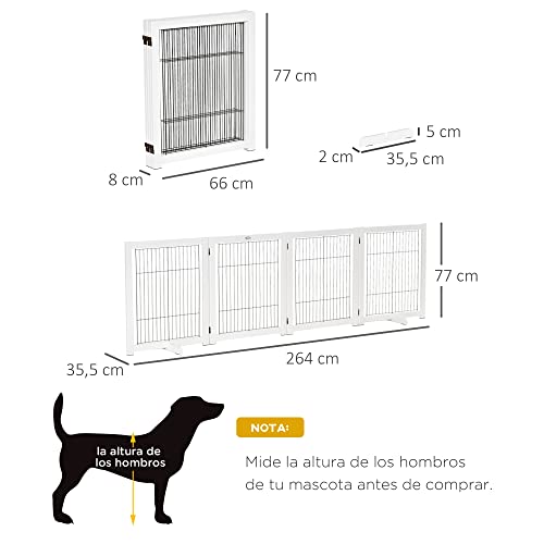 PawHut Barrera de Seguridad Plegable para Perros Madera Rejilla de Protección de 4 Paneles para Mascotas con Patas para Puertas Escaleras Pasillos 264x35,5x77 cm Blanco