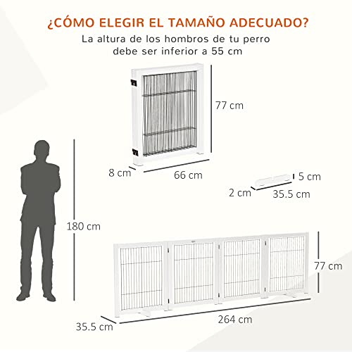 PawHut Barrera de Seguridad Plegable para Perros Madera Rejilla de Protección de 4 Paneles para Mascotas con Patas para Puertas Escaleras Pasillos 264x35,5x77 cm Blanco