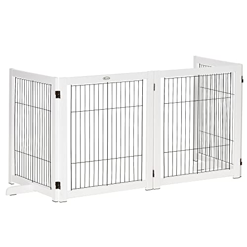 PawHut Barrera de Seguridad Plegable para Perros Madera Rejilla de Protección de 4 Paneles para Mascotas con Patas para Puertas Escaleras Pasillos 264x35,5x77 cm Blanco