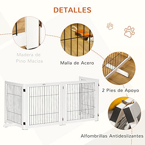 PawHut Barrera de Seguridad Plegable para Perros Madera Rejilla de Protección de 4 Paneles para Mascotas con Patas para Puertas Escaleras Pasillos 264x35,5x77 cm Blanco