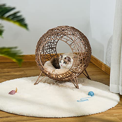 Pawhut Cama Cueva para Gatos de Ratán Cesta para Mascotas Pequeñas con Base Trípode Cojín Suave 2 Entradas Diseño Elevado Ø50x56 cm Cueva Marrón y Cojín Beige