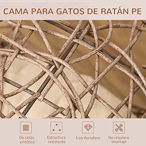 Pawhut Cama Cueva para Gatos de Ratán Cesta para Mascotas Pequeñas con Base Trípode Cojín Suave 2 Entradas Diseño Elevado Ø50x56 cm Cueva Marrón y Cojín Beige