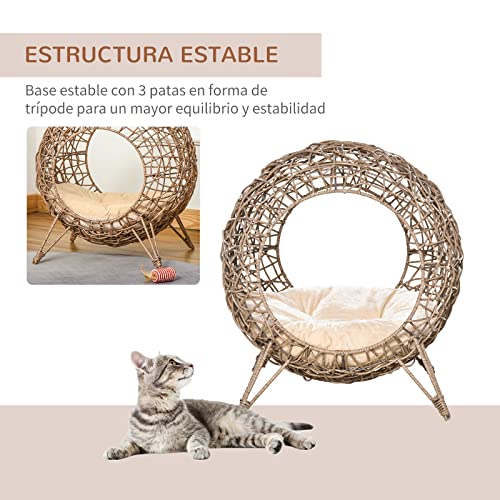 Pawhut Cama Cueva para Gatos de Ratán Cesta para Mascotas Pequeñas con Base Trípode Cojín Suave 2 Entradas Diseño Elevado Ø50x56 cm Cueva Marrón y Cojín Beige