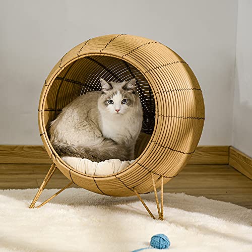 Pawhut Cama de Ratán para Gatos Cueva de Mimbre para Gatos Mascotas Pequeñas con Cojín Acolchado Suave y Base Trípode Diseño Elevado 52 x 58 cm Marrón Claro