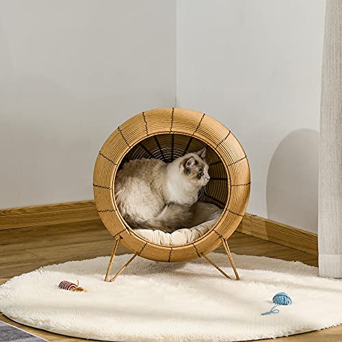 Pawhut Cama de Ratán para Gatos Cueva de Mimbre para Gatos Mascotas Pequeñas con Cojín Acolchado Suave y Base Trípode Diseño Elevado 52 x 58 cm Marrón Claro