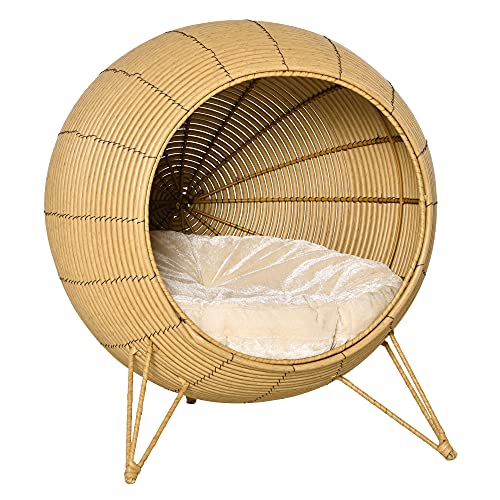 Pawhut Cama de Ratán para Gatos Cueva de Mimbre para Gatos Mascotas Pequeñas con Cojín Acolchado Suave y Base Trípode Diseño Elevado 52 x 58 cm Marrón Claro