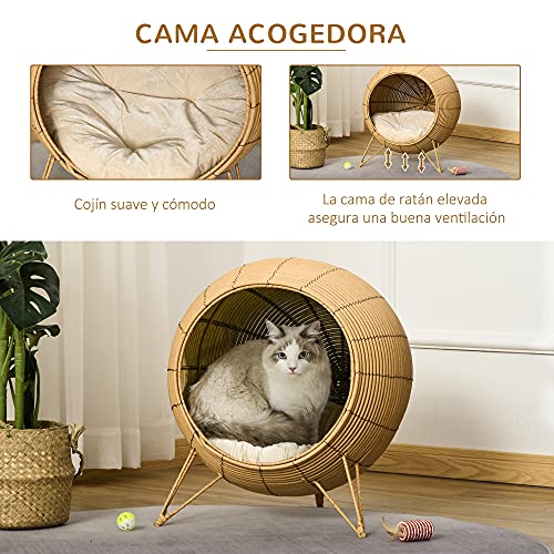 Pawhut Cama de Ratán para Gatos Cueva de Mimbre para Gatos Mascotas Pequeñas con Cojín Acolchado Suave y Base Trípode Diseño Elevado 52 x 58 cm Marrón Claro