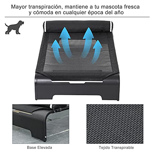 Pawhut Cama Elevada para Mascotas Perros Gatos Tela Transpirable con Almohada Extraíble Exterior Interior Jardín Terraza 122x72x30 cm Negro