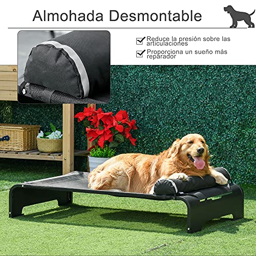 Pawhut Cama Elevada para Mascotas Perros Gatos Tela Transpirable con Almohada Extraíble Exterior Interior Jardín Terraza 122x72x30 cm Negro