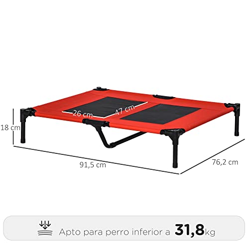 PawHut Cama Elevada para Perros Cama de Mascotas con Malla Transpirable y Tela Oxford para Exterior Interior Aire Libre Jardín Terraza 91,5x76,2x18 cm Rojo