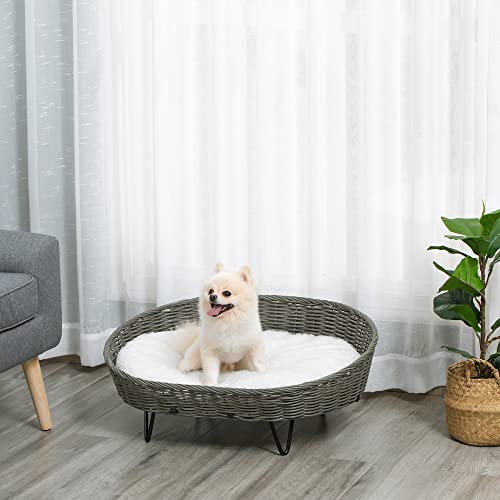 PawHut Cama para Perros Gatos de Mimbre Cesta Ratán para Mascotas Medianas Pequeñas con Cojín Lavable y Patas Elevadas de Acero 76x59x32 cm Gris y Blanco