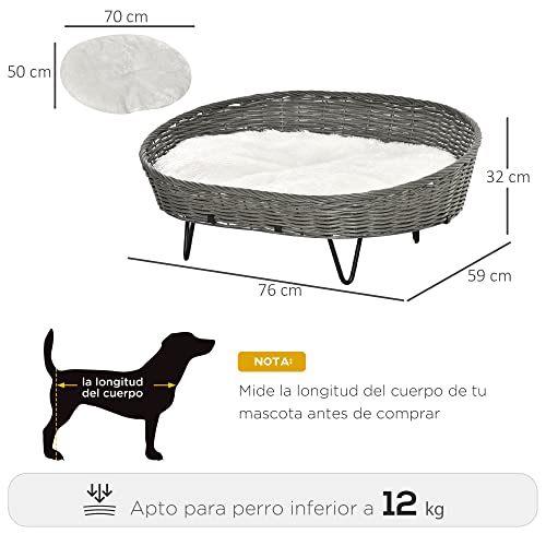 PawHut Cama para Perros Gatos de Mimbre Cesta Ratán para Mascotas Medianas Pequeñas con Cojín Lavable y Patas Elevadas de Acero 76x59x32 cm Gris y Blanco