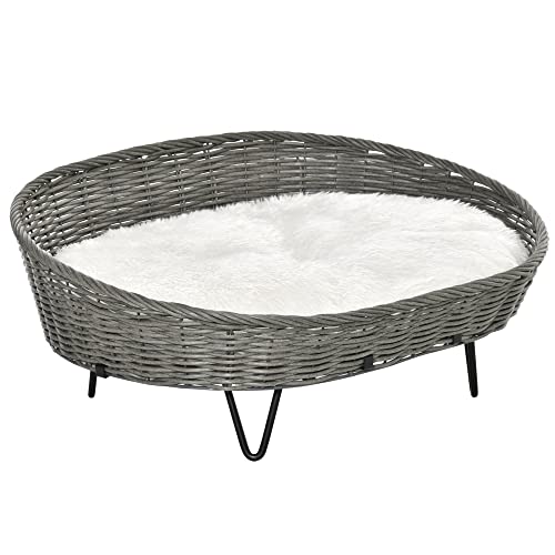 PawHut Cama para Perros Gatos de Mimbre Cesta Ratán para Mascotas Medianas Pequeñas con Cojín Lavable y Patas Elevadas de Acero 76x59x32 cm Gris y Blanco