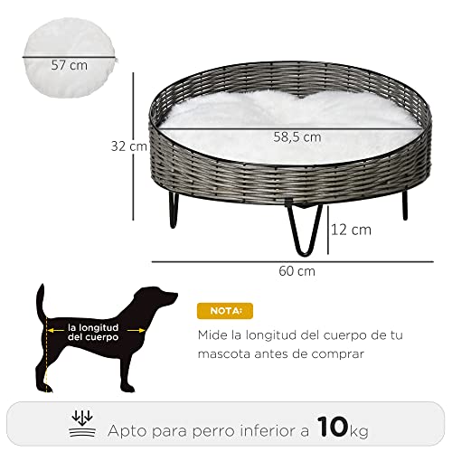 PawHut Cama para Perros Gatos de Mimbre Redonda Cesta Ratán para Mascotas Pequeños con Cojín Lavable y Patas Elevadas de Acero Ø60x32 cm Gris y Blanco