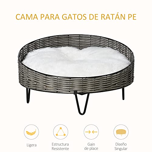 PawHut Cama para Perros Gatos de Mimbre Redonda Cesta Ratán para Mascotas Pequeños con Cojín Lavable y Patas Elevadas de Acero Ø60x32 cm Gris y Blanco