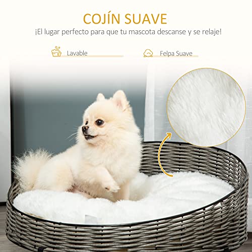 PawHut Cama para Perros Gatos de Mimbre Redonda Cesta Ratán para Mascotas Pequeños con Cojín Lavable y Patas Elevadas de Acero Ø60x32 cm Gris y Blanco