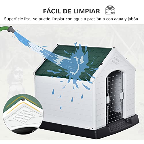 Pawhut Caseta de Perro Casa para Perros Medianos con Puerta Metálica con Cerradura Techo Inclinado Base Elevada para Interior Exterior 78x87x81 cm Blanco y Verde