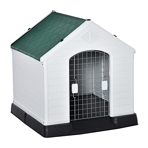 Pawhut Caseta de Perro Casa para Perros Medianos con Puerta Metálica con Cerradura Techo Inclinado Base Elevada para Interior Exterior 78x87x81 cm Blanco y Verde